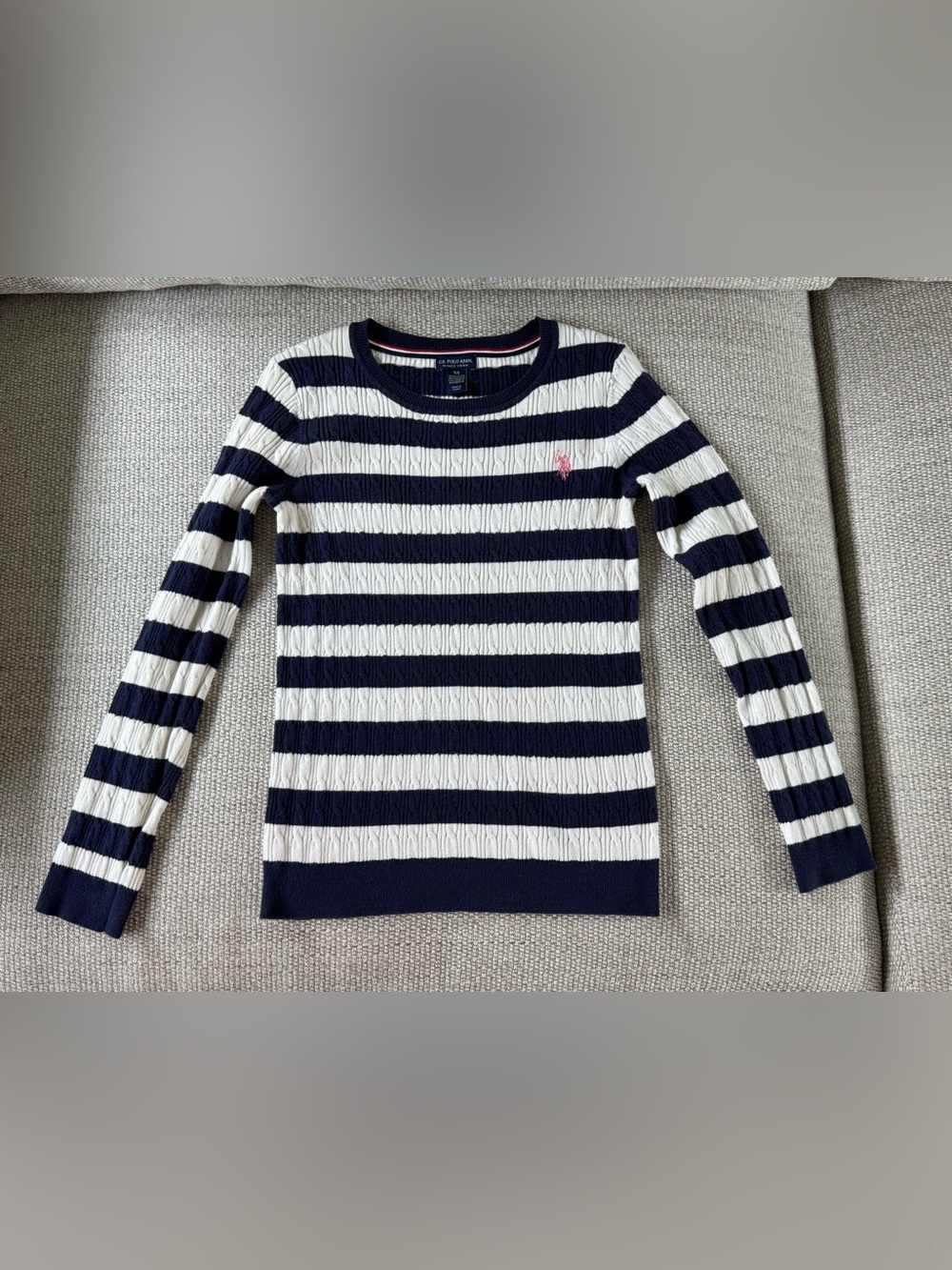 U.S. Polo Assn. Navy and White Striped Cable Crewneck Sweater